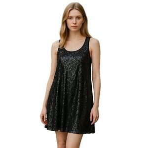 Norma Kamali Black Scoop Neck Sequin Party Mini Swing Dress